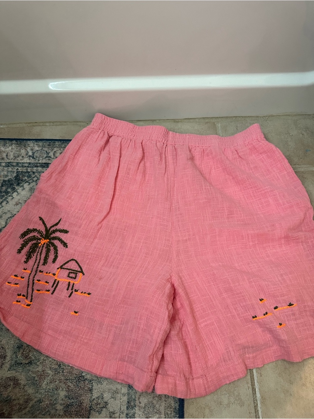 Urban Outfitters Pink Embroidered Palm Shorts